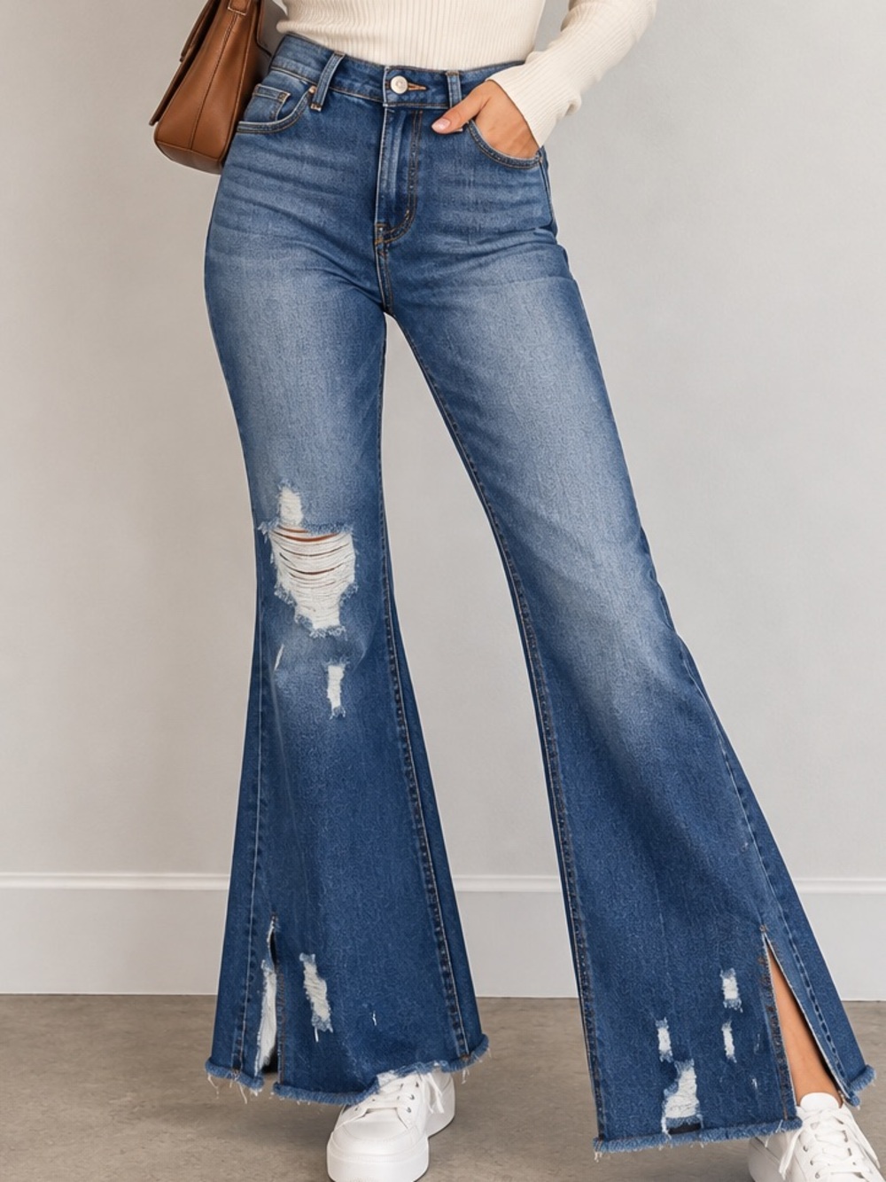Blakeley Distressed Flare Jeans High Rise Stretch Slit Hem Blue Size 5
